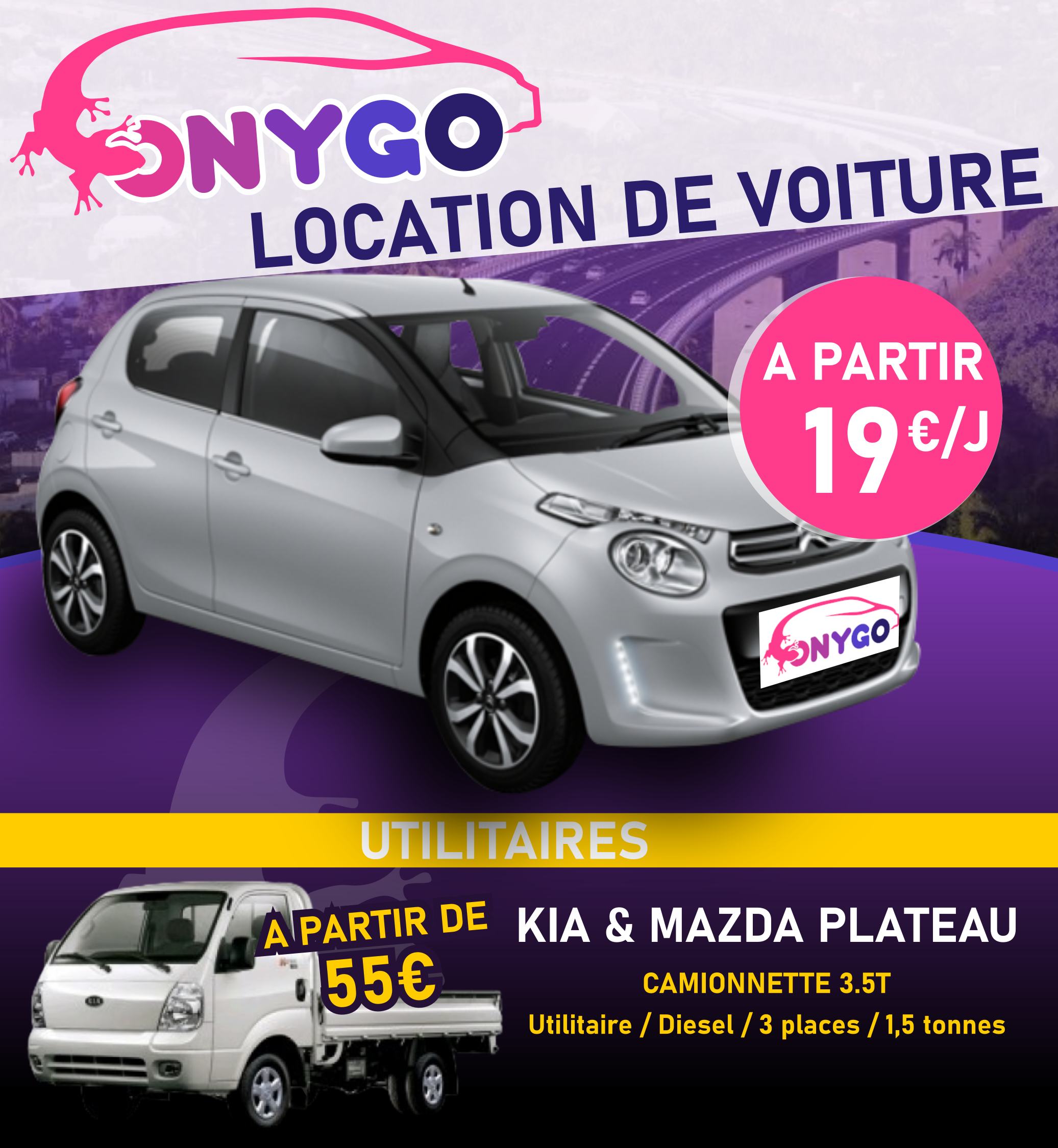 ONYGO vous propose la location de voiture de tourisme et véhicules utilitaires sur l'Ile de la Réunion